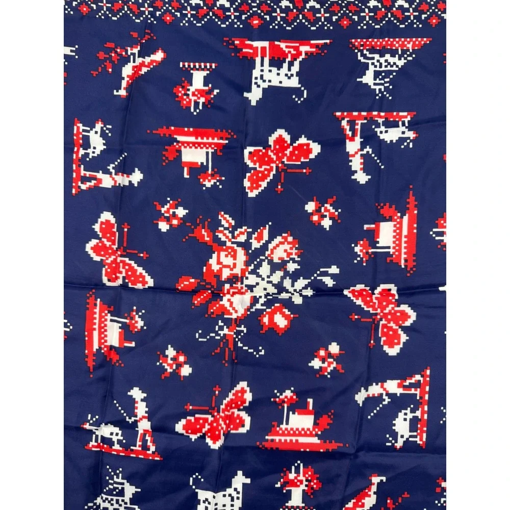 Vintage Sally Gee Silk Blend Scarf Navy Red White‎ Pixel Art Novelty Print Japan